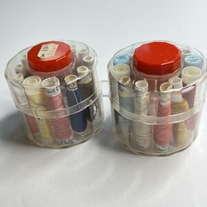 Vintage Thread And Needle Holder Plastic Clear Red Multi Color Thread Lot Of 2